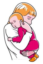 Tekening baby dragen tegen schouder